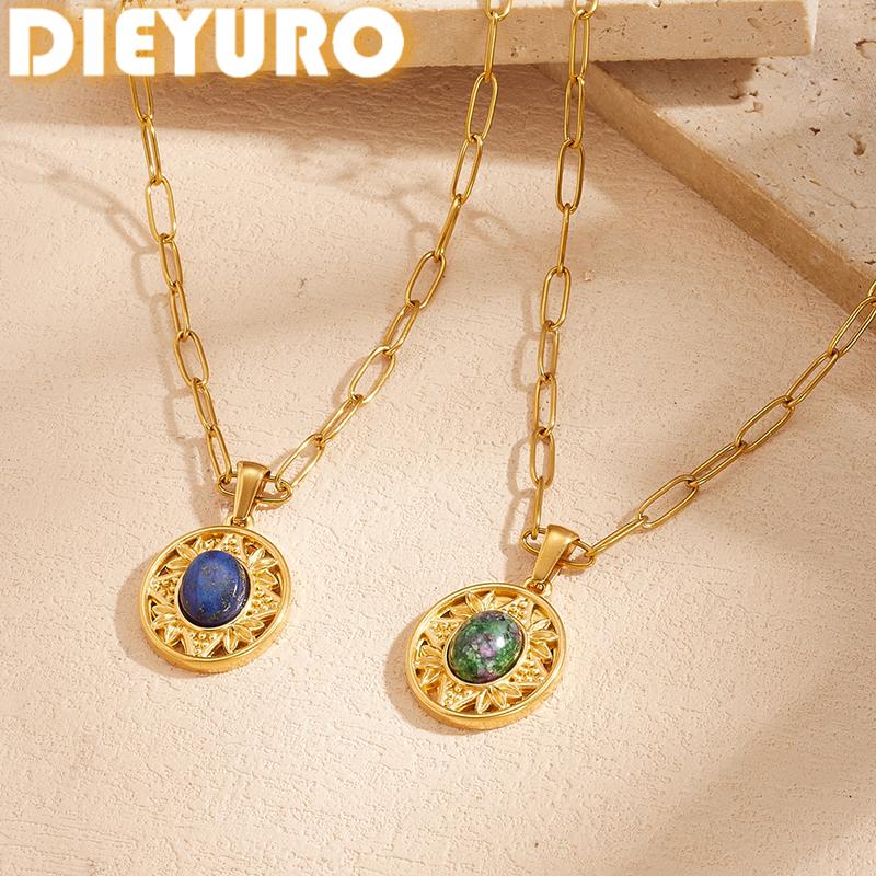 DIEYURO 316L Stainless Steel Gold Plated Sunflower Inlay Natural Stone Pendant Necklace Lady Fashion Bohemian Jewelry Gift