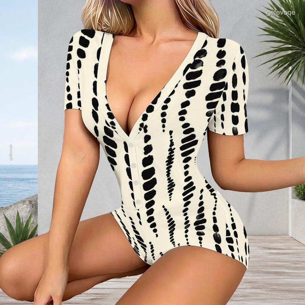 Women Plus Size Black Golden Printed V Neck Short Sleeve Fitted Short Romper