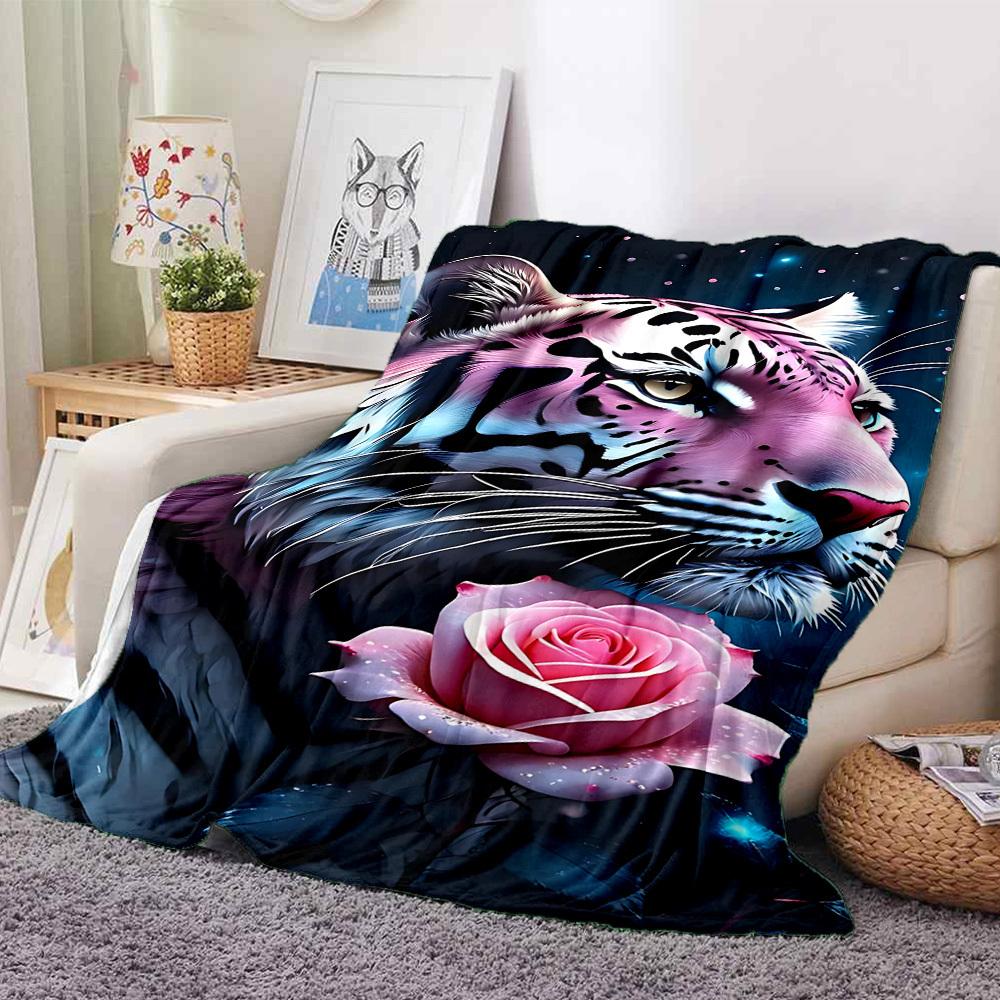 1pc Tiger Rose Print Blanket, Lightweight Flannel Fleece with Digital Printing, Soft Warm for Sofa, Travel, Camping, Office, Couch, Chair, and Bed, Al