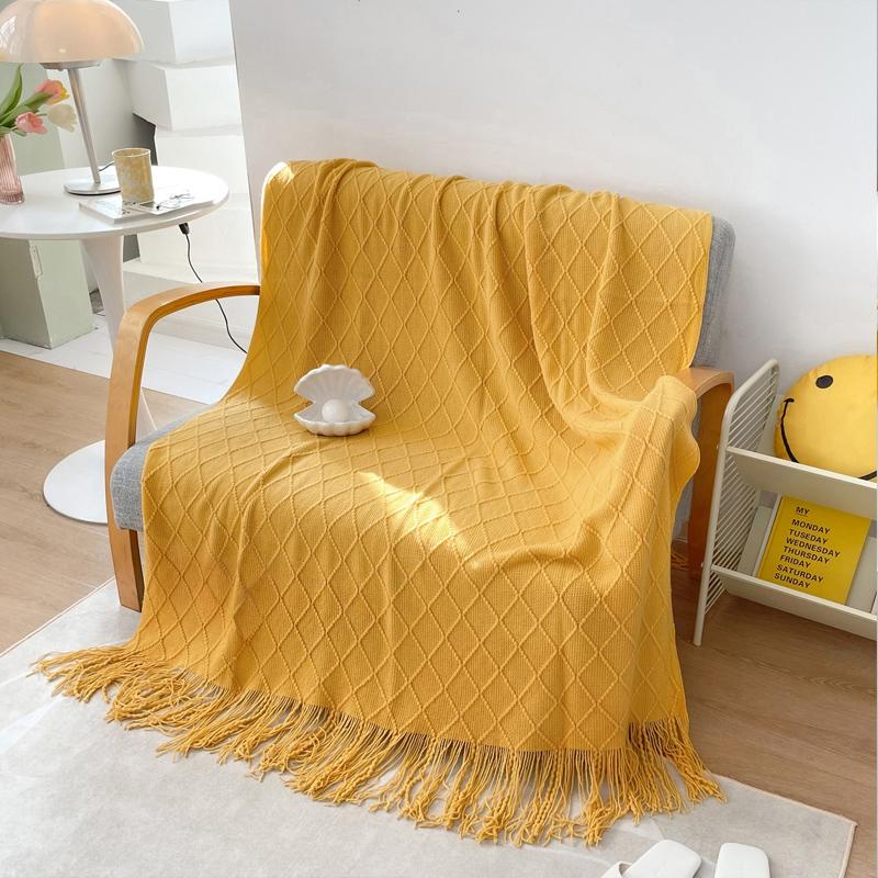 Tassel Blanket 100% Acrylic Bedside Towel Solid Color Plaid Knitted Blanket Nap/Travel Shawl Home Sofa Towel manta