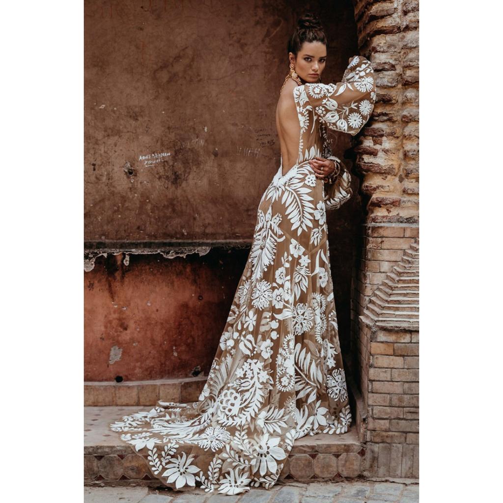 New European American Style Deep V Backless Tulle Embroidery Puff Sleeve Dress Evening Party Gown