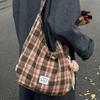 Japanese Retro Plaid Literary Tote: Versatile, Simple, Large-Capacity Shoulder Bag for Women