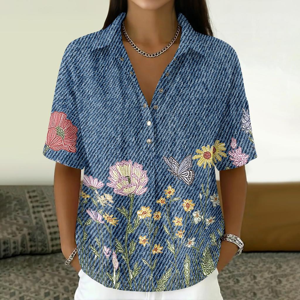 Women's Fashion Polo Collar Button Vintage Floral Print Loose Fit Short Sleeve T Shirt Linen Blend Casual Top