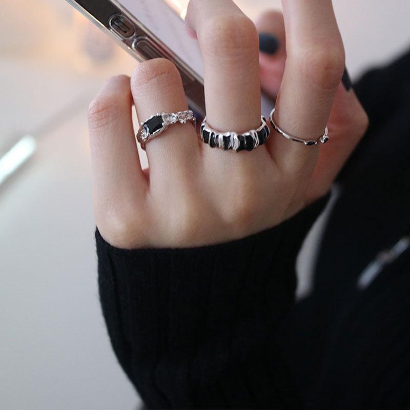 Black Zircon Ring Female Retro Fashion Personality Dark Wind Irregular Stacking Wearing Open Index Finger Ring