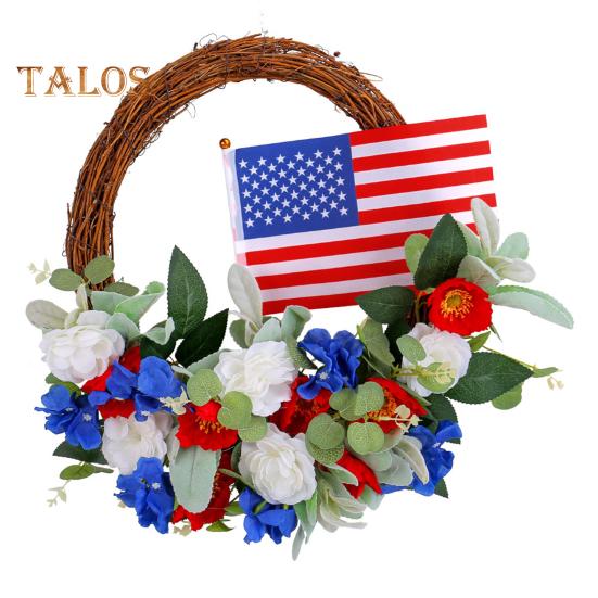 

Патриотический венок из ротанга 4 июля, красный, белый, синий, День независимости, цветочная гирлянда для украшения стены входной двери на День памяти 1pc