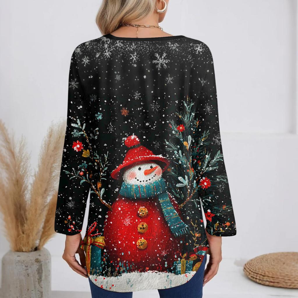 Ladies' Fashionable Casual Christmas Printed T-shirt Long Sleeved V-neck Mid Length Top