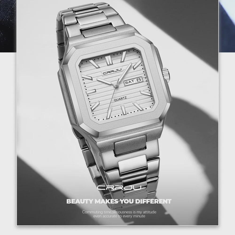 Luxury Men's Quartz Watch Square Case Day Date Display Stainless Steel Wristwatch