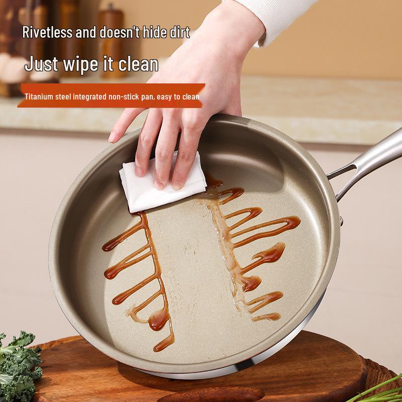 Titanium 316L Non-Stick Stainless Steel Frying Pan, Flat-Bottomed, Universal for Induction and Gas Stoves, Ideal for Commercial Use and Fried Eggs.