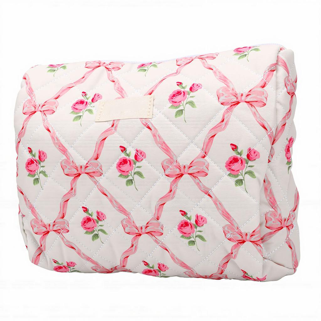 Cosmetic Bag Floral Bow Print Pattern Machine Washable 3.2L Quilted Cotton Makeup Bag for Travel Toiletries