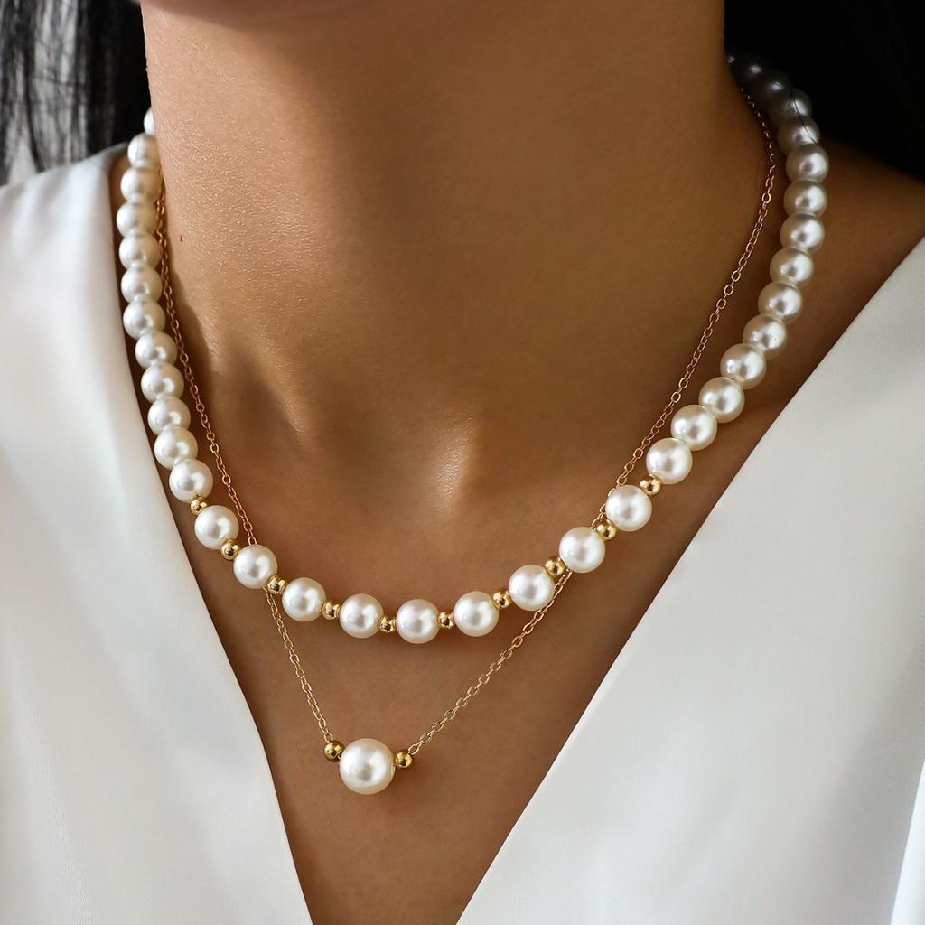 Ladies Retro Two Layer Imitation Pearl Pendant Necklaces