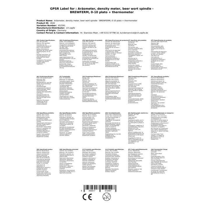 Broche à moût de bière BREWFERM 0-10 plato + thermomètre