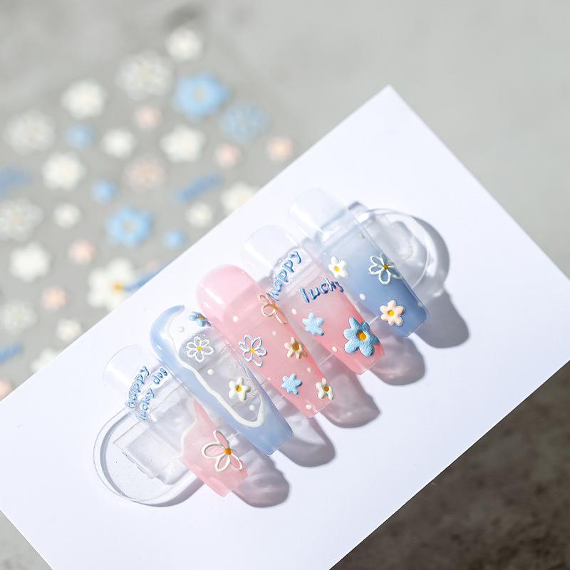 5D Summer Flower Embossed Nail Sticker Gel Polish Sticker For Nail Decoration Bear Decals Self-adhesive Sliders Manicure Design