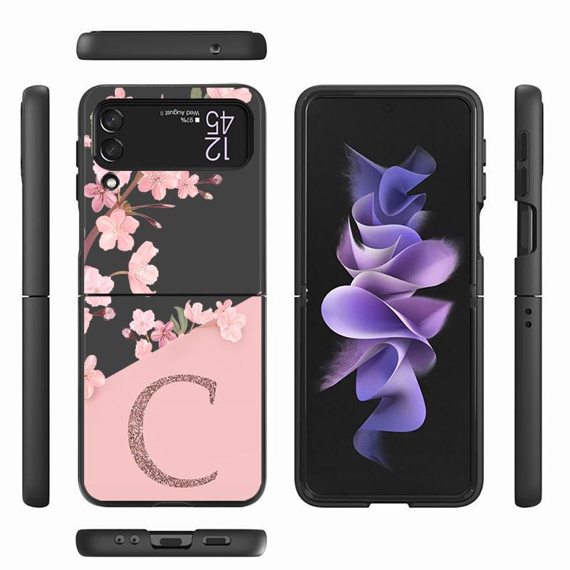 Flower Letter Pink Fashion Initial Cell Case For Samsung Galaxy Z Flip 3 5G 4 Fashion Z Flip3 Luxury Black Hard Phone Coque