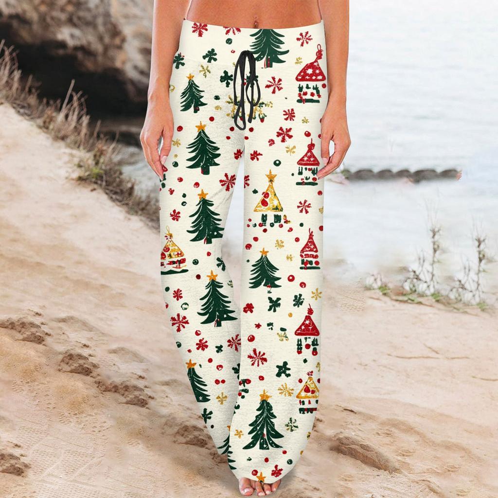 Women's Comfortable Sleeper Pants Christmas Printed Drawstring Wide Leg Pants Casual Pants
