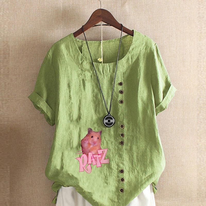 

Женская модная розовая футболка с круглым вырезом и коротким рукавом с принтом «Мышь», повседневная рубашка из хлопка и льна с рисунком, свободная летняя блузка для отдыха, топы 5XL зелёный
