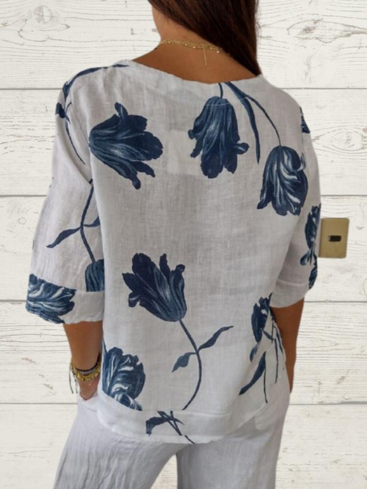 New Printed Cotton and Linen V-neck Short-sleeved Pullover Shirt Spring and Summer Casual Jacket