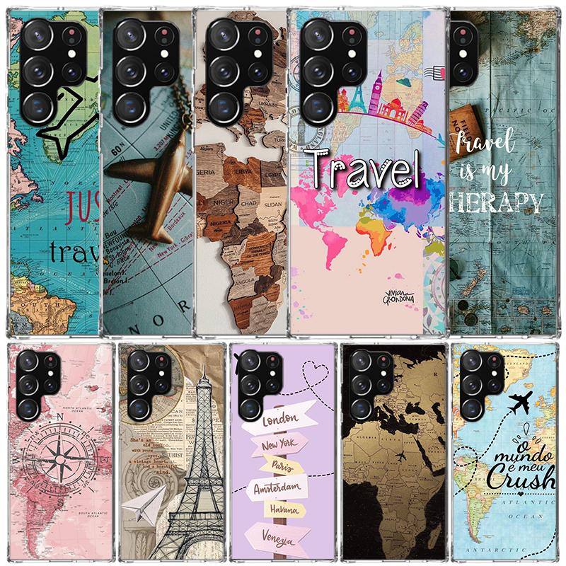 World Map Travel Plans Phone Case For Samsung Galaxy S24 S25 Edge S26 Ultra S22 S23 Plus S21 + S20 FE Soft TPU Back Cover Galaxy