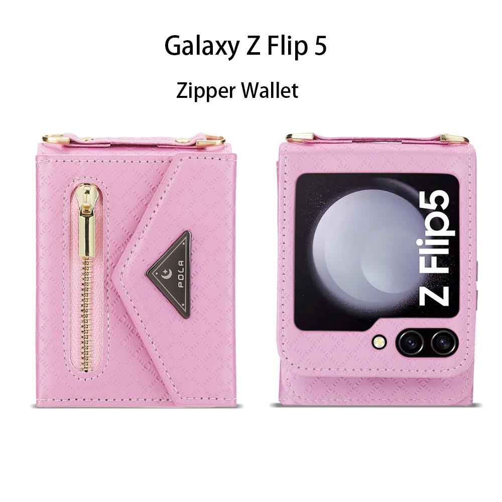 Gitter-Reißverschluss-Geldbörsen-Handyhülle für Samsung Galaxy Z Flip 5 Flip 4 Flip3, hängendes Seil, mehrere Karteneinsätze, faltbare Leder-Geldbörse für Z Flip 5 4 3