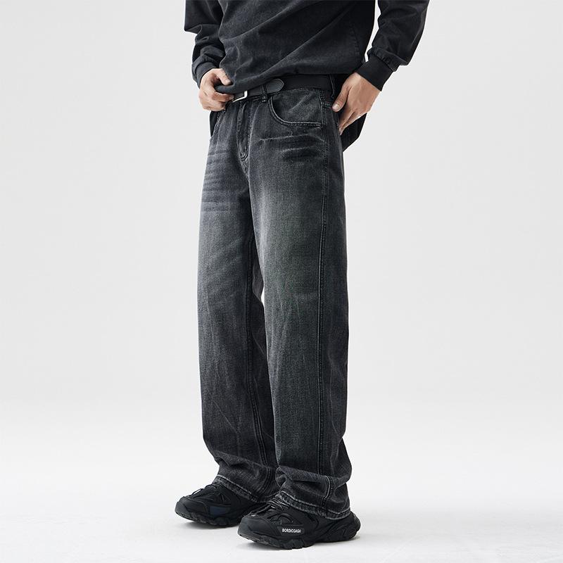 Autumn and winter black American high street washed old trendy jeans men's loose casual retro straight wide-leg pants