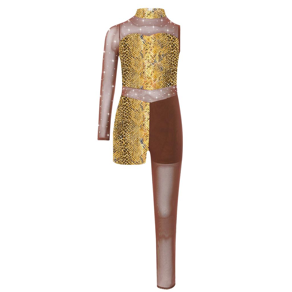 Girls Printed Gymnastics Leotard Star Leopard Snakeskin Design Shiny Rhinestones Sheer Mesh Patchwork Asymmetrical Bodysuit