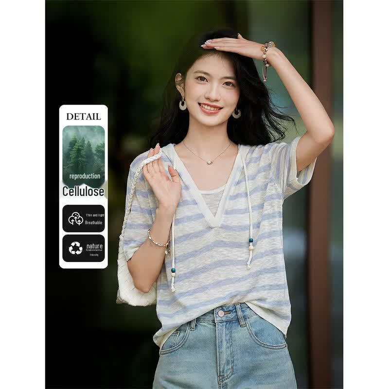 Xinfeiyu V-Neck Striped Knit Summer Top XL