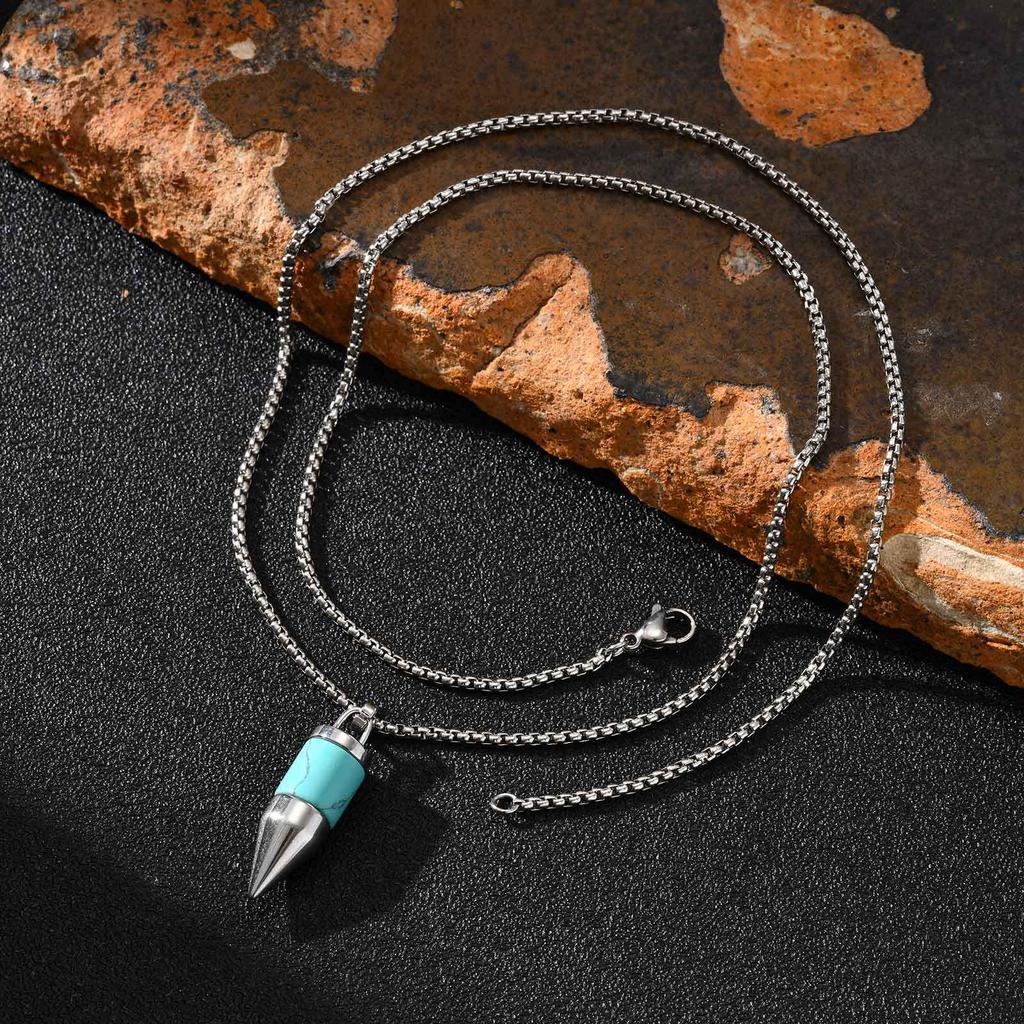 Stainless Steel Gemstone Pendant with Black Agate, Turquoise, Malachite, Aventurine, and Tiger Eye - Round Bullet Design.