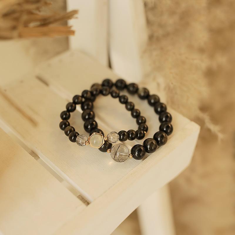 

Natural Gold Obsidian & Moonstone Black Rutilated Quartz Couple Bracelets Set