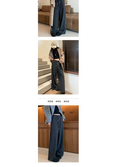 Women's Maternity Woolen Fleece-Lined High-Waist Wide-Leg Pants for Petite Sizes - Korean Style for Autumn/Winter