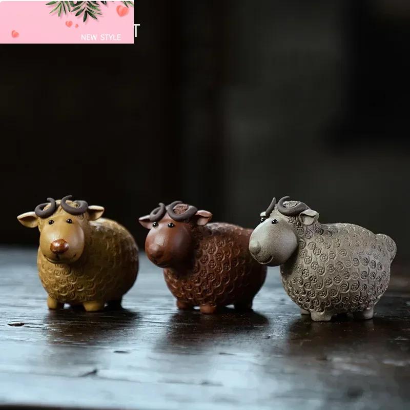 Chinese Yixing Purple Clay Tea Pet Lucky Sheep Statue Tea Figurine Ornaments Handmade Sculpture Crafts Home Tea Set Decoration