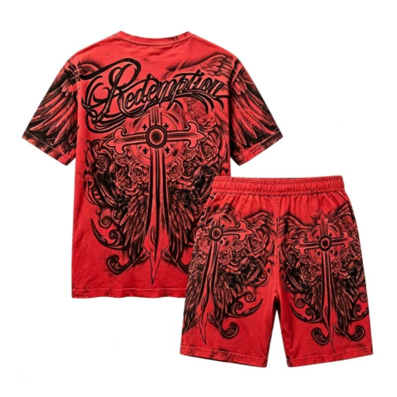 Sommer Gotischer Stil Kreuzschwert Aufdruck Rundhals Kurzarm T-Shirt und Shorts Set Herren und Damen T-Shirt Shorts Set