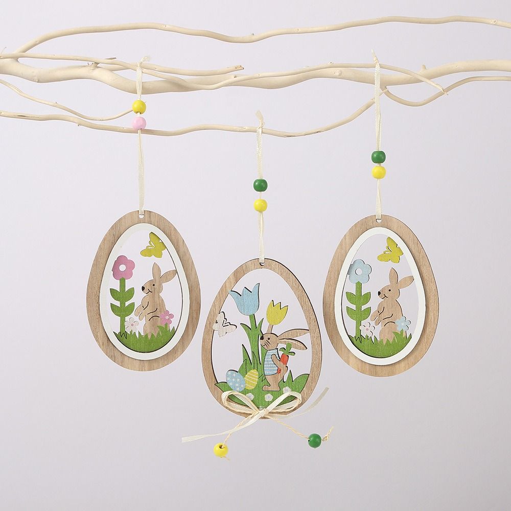 Wood Material Wooden Ornaments Easter Egg Hanging Ornaments Easter Ornaments  Easter Party