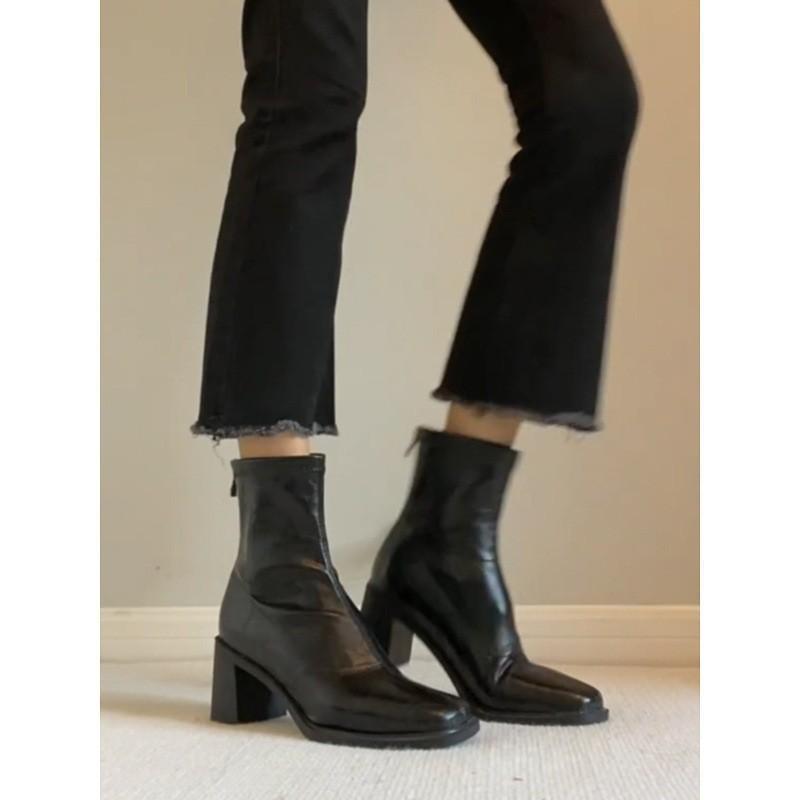 Vintage Coarse Heel Elastic Skinny Boots Children'S High Heel Square Head Short Boots Martin Boots