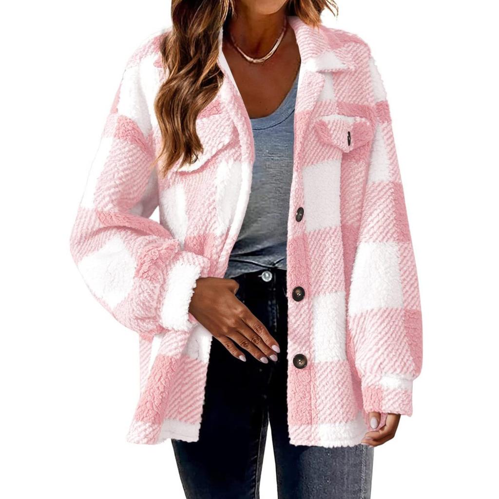 Plaid Pattern Button Front Teddy Coat, Peplum Long Sleeve Winter Warm Coat, Women's