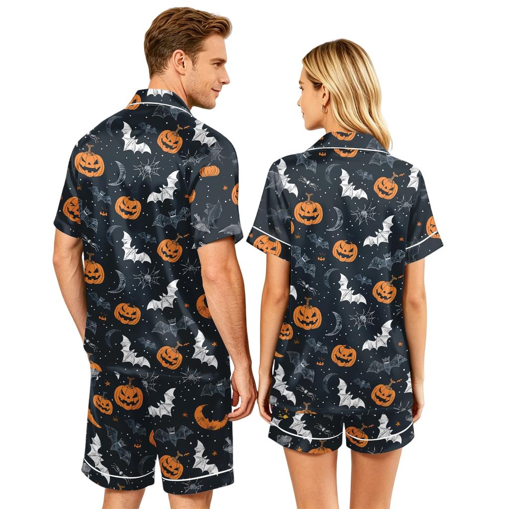 Couple Halloween Pajama Set Short Sleeve Button Down Shirt with Shorts Soft Casual Sleepwear S-XXXXL Matching Outfits for Men and Women