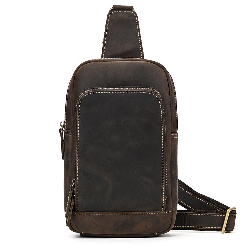Crazy Horse Leather Chest Bag - Men's Casual Cowhide Crossbody & Shoulder Bag for Commuting & Outdoor Activities