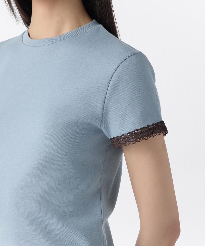 MUSINSA STANDARD WOMAN Women'S Slim Lace Trim T-Shirt [Cloudy Blue/Brown]