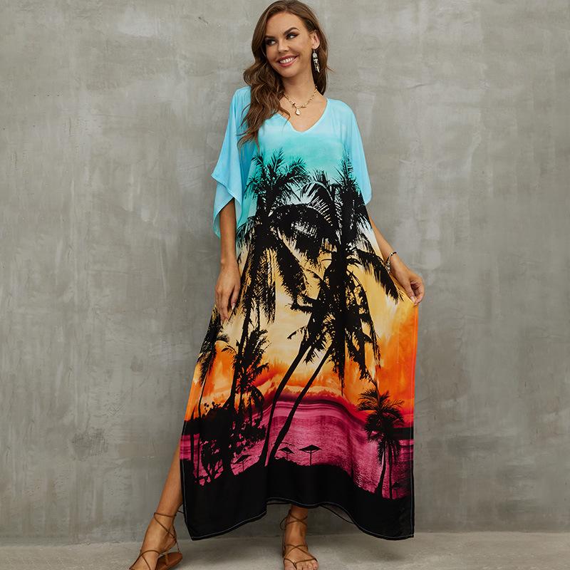 Beach Vacation Loose-Fit Rayon Print Cover-Up Shirt
