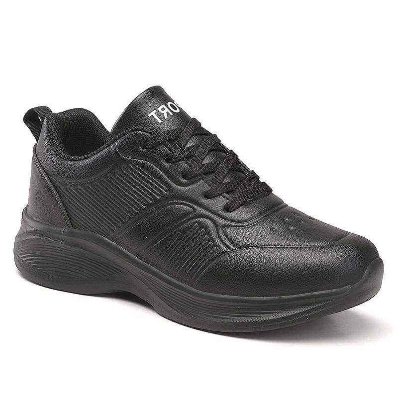 Fashion All Black Sneakers In Autumn Leather Waterproof Soft Sole Lightweight Pure Black Long Standing Without Tired Feet Work Shoes