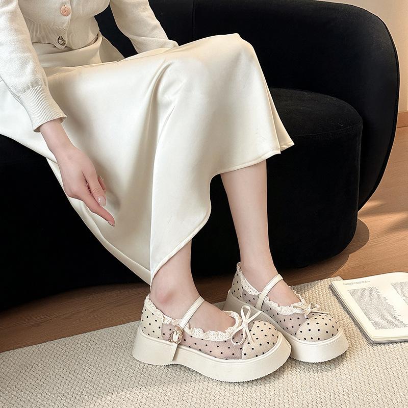 French bow mesh breathable retro Mary Jane shoes women's 2025 summer new single shoes heightening ballet shoes