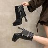 Modische Stilvolle Seitlicher Reißverschluss Quadratischer Absatz Hosenstiefel Herbst Neu Spitz Zehen Metall Schnalle Plateau Rutschfest Kurze Stiefel