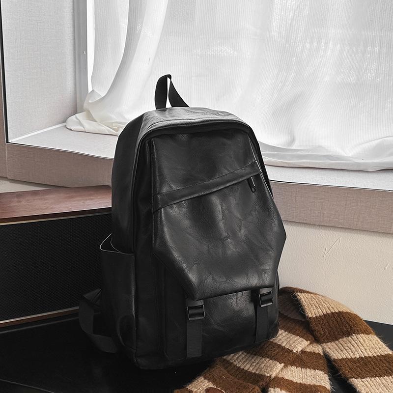 Retro Hong Kong Style Soft Leather Backpack, Men's and Women's Locomotive Style Backpack, College Student Schoolbag, Cool Waterproof Computer Bag