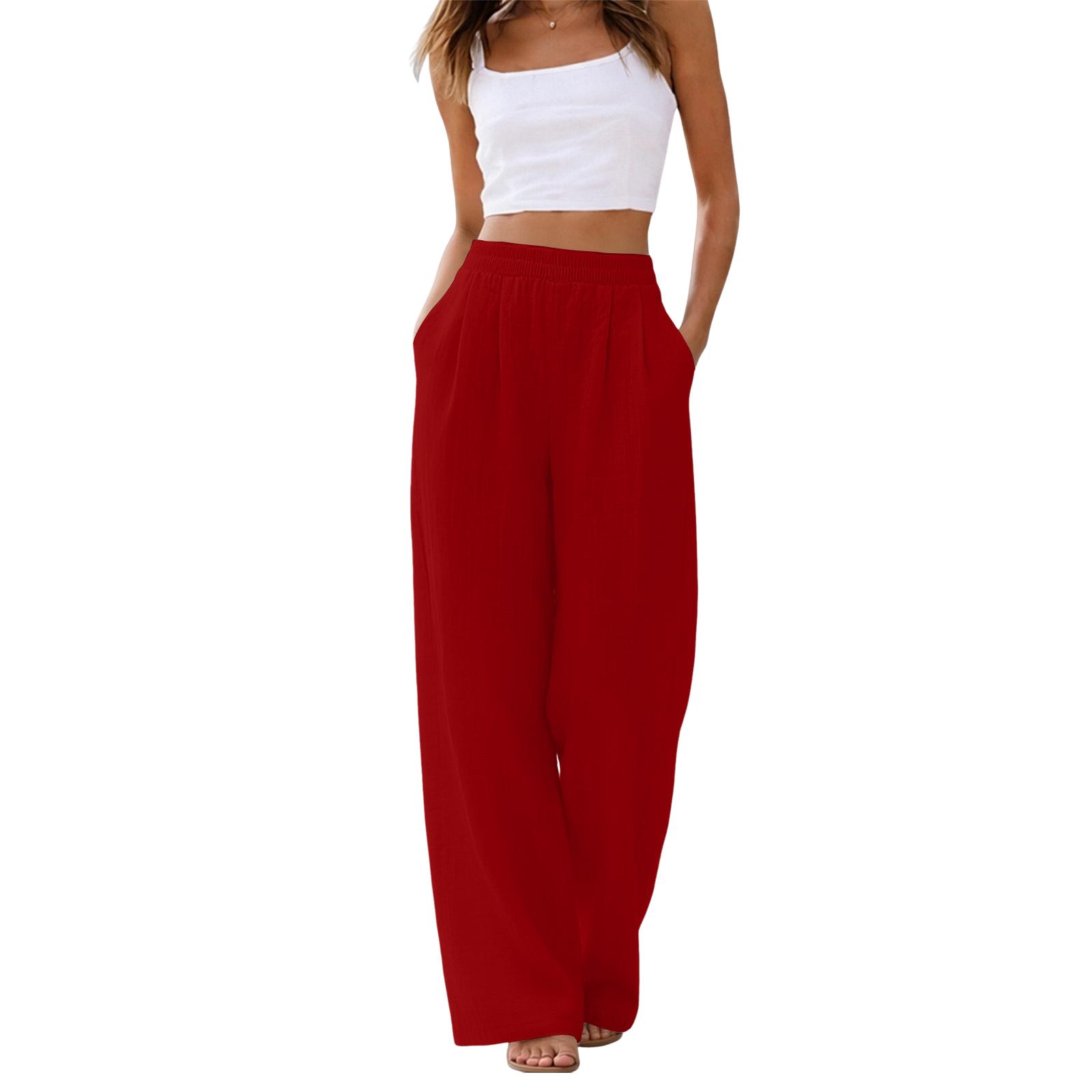 

Women s Linen Wide Leg Pants Summer Beach Vacation Lightweight Loose Fit Trousers Elastic Waist Casual Long Pants for Outdoor S красный