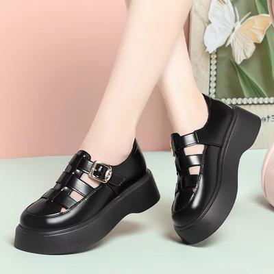 5cm Vintage Thick Bottom CHunky Platform Shoes Breathable Cutout Soft Leather Sandals 2025 Med Square Heels Summer Sandals