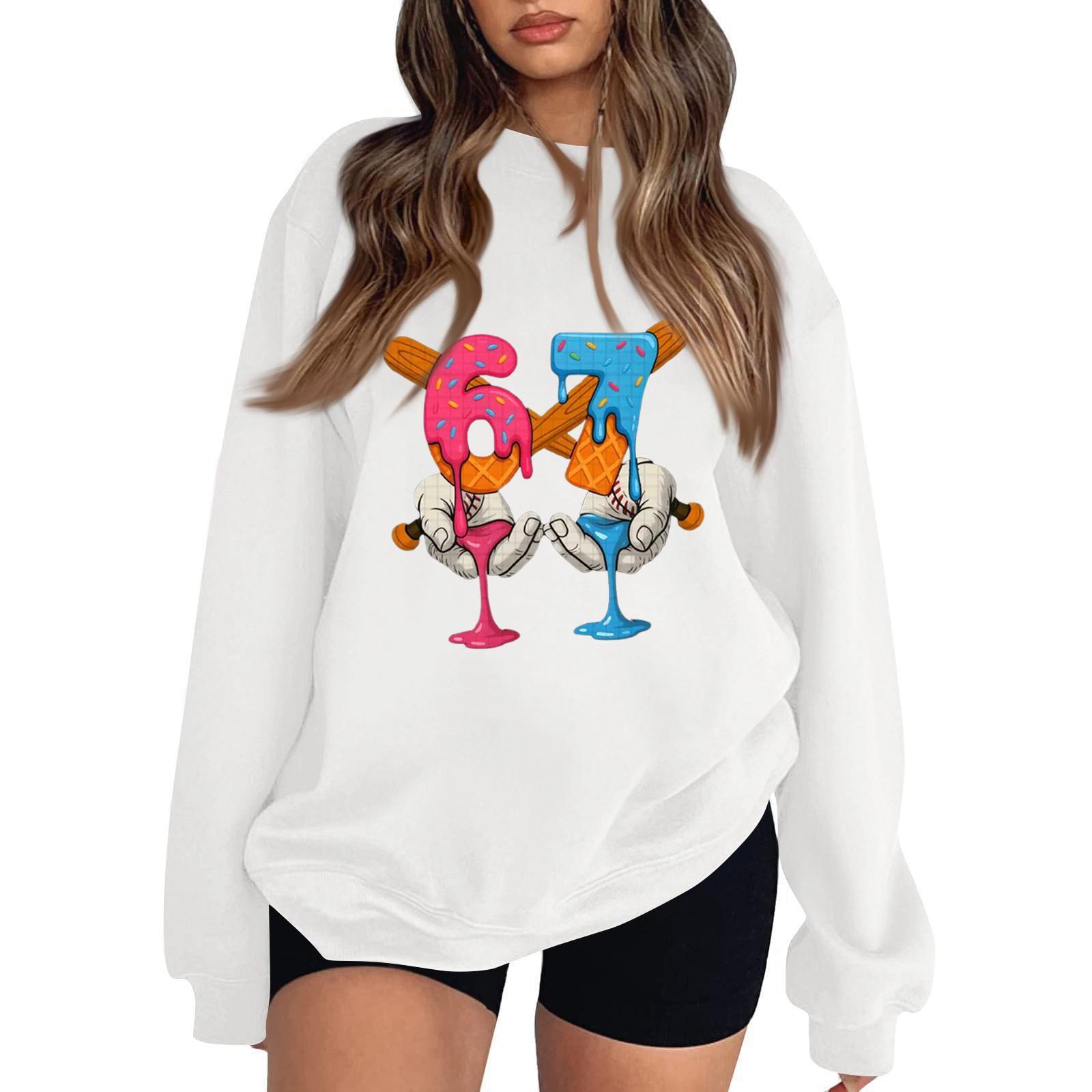 

Women s Fashionable Casual Long-Sleeved Round-Neck Printed Pullover Sweatshirt S белый