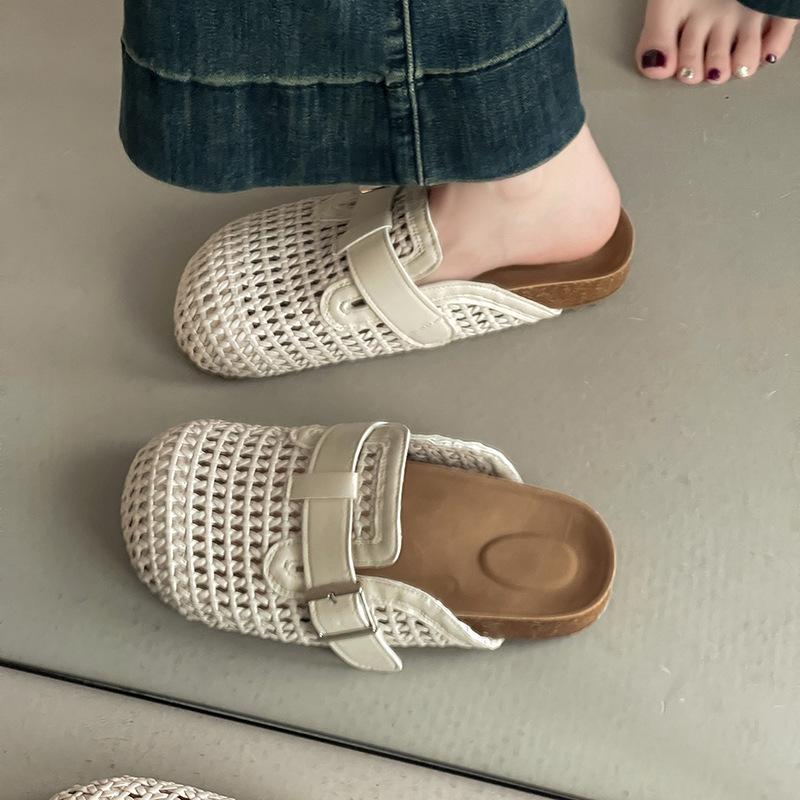Fashion Hollow Woven Breathable Bag Head Half Slippers Ladies Summer Retro Internet Celebrity Lazy Casual Cool Slippers Boken Shoes