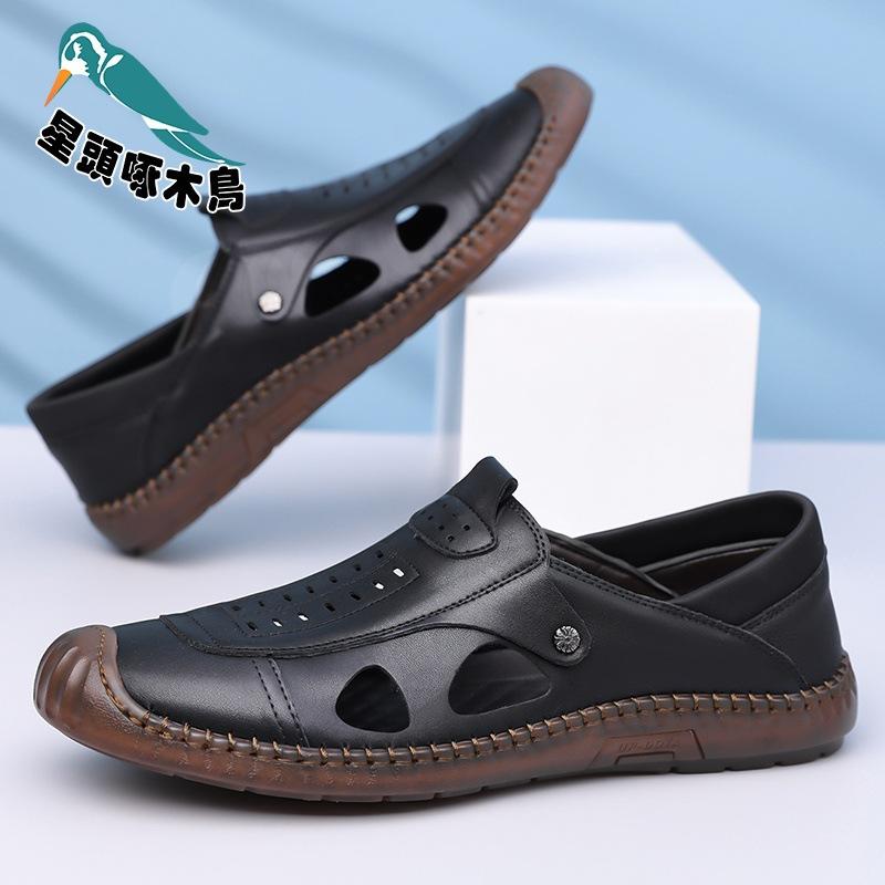 

2025 direct sales summer new men s soft leather soft sole middle-aged and elderly non-slip foot cover hole shoes sandals 44