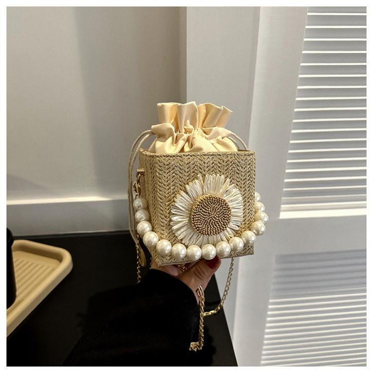 Trendy Woven Crossbody Bag With Pearl Embellishments For Girls