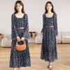 Zhu Zhu Style French Retro Floral Chiffon Dress - Autumn Slim Fit Long-Sleeve Maxi