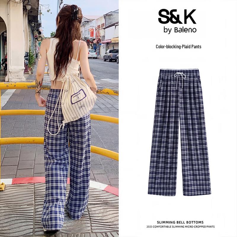 

Baleno S&K Women s High-Waist Wide-Leg Plaid Pants M