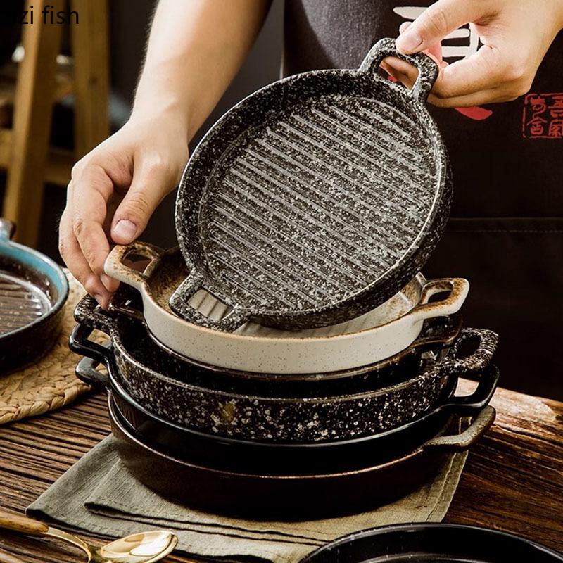 Double Ear Horizontal Texture Disc Ceramic Flat Plate Baking Plate Barbecue Plate Steak Plates Molecular Cooking Retro Tableware